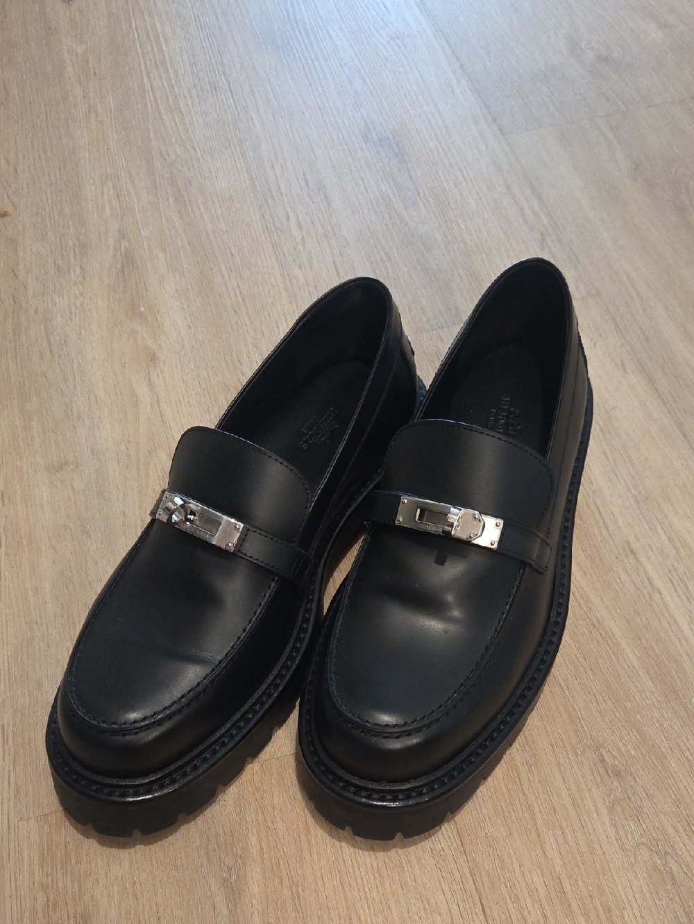 Black Leather Hermes Kelly Icon Loafers with Silver Buckle Kelly 39